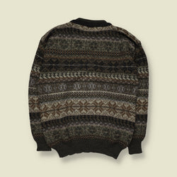 1980s | Fair Isle Pattern Wool Blend Crew Neck Jumper | Brown, Grey & Green - XL