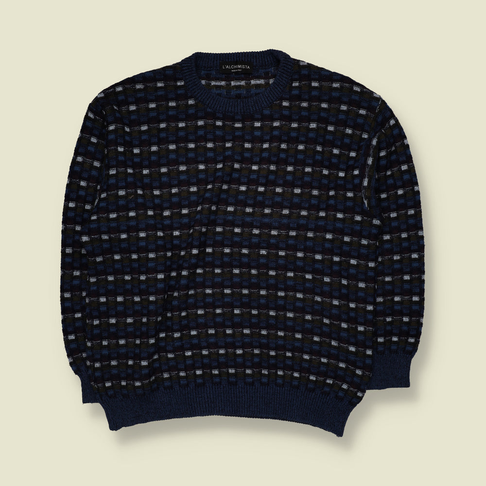 1980s | L'Alchimista | Textured Check Pattern Crew Neck Jumper | Navy, Black & Grey - L