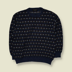 1980s | L'Alchimista | Textured Check Pattern Crew Neck Jumper | Navy, Black & Grey - L