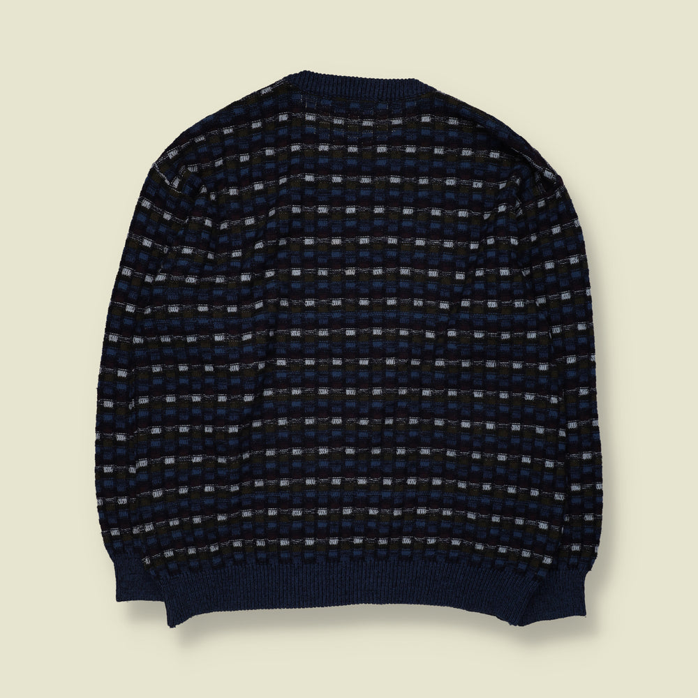 1980s | L'Alchimista | Textured Check Pattern Crew Neck Jumper | Navy, Black & Grey - L