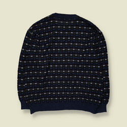 1980s | L'Alchimista | Textured Check Pattern Crew Neck Jumper | Navy, Black & Grey - L