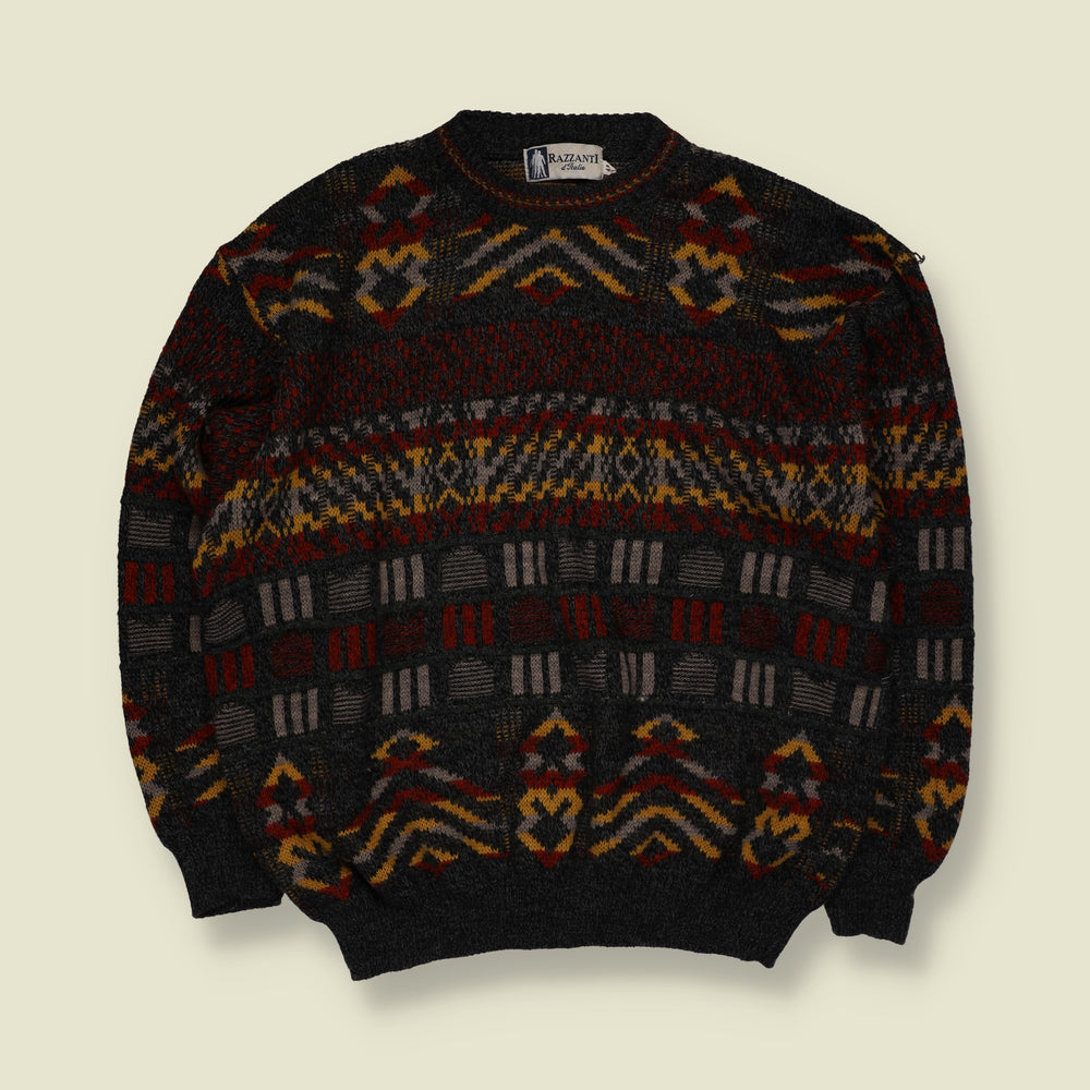1980s | Razzanti d'Italia | Geometric Aztec Pattern Crew Neck Jumper | Charcoal, Burgundy & Mustard - L