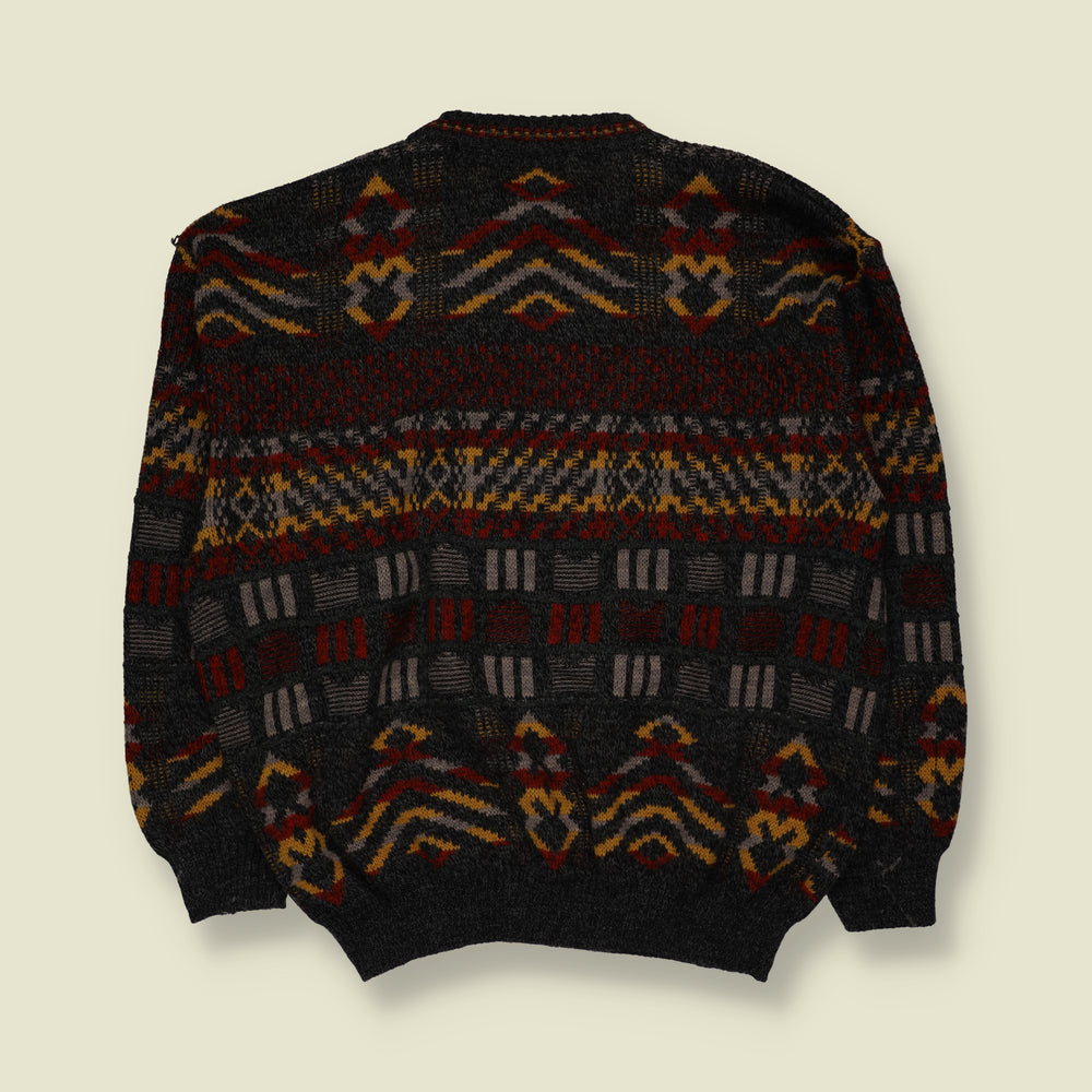 1980s | Razzanti d'Italia | Geometric Aztec Pattern Crew Neck Jumper | Charcoal, Burgundy & Mustard - L