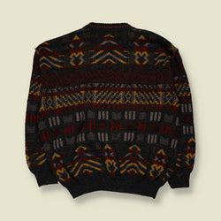 1980s | Razzanti d'Italia | Geometric Aztec Pattern Crew Neck Jumper | Charcoal, Burgundy & Mustard - L