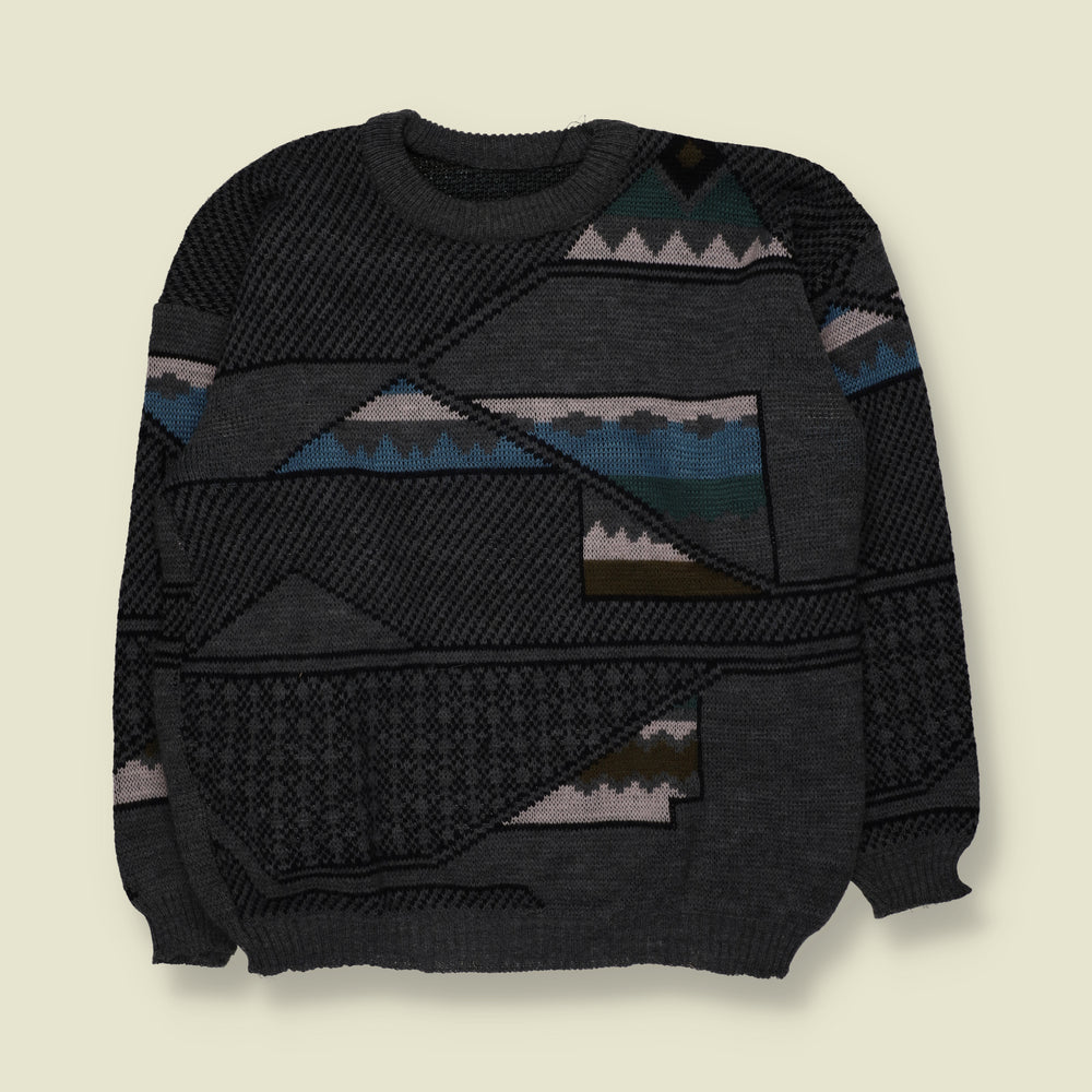 1980s | Abstract Geometric Pattern Crew Neck Jumper | Charcoal, Blue & Green - L