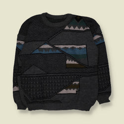 1980s | Abstract Geometric Pattern Crew Neck Jumper | Charcoal, Blue & Green - L