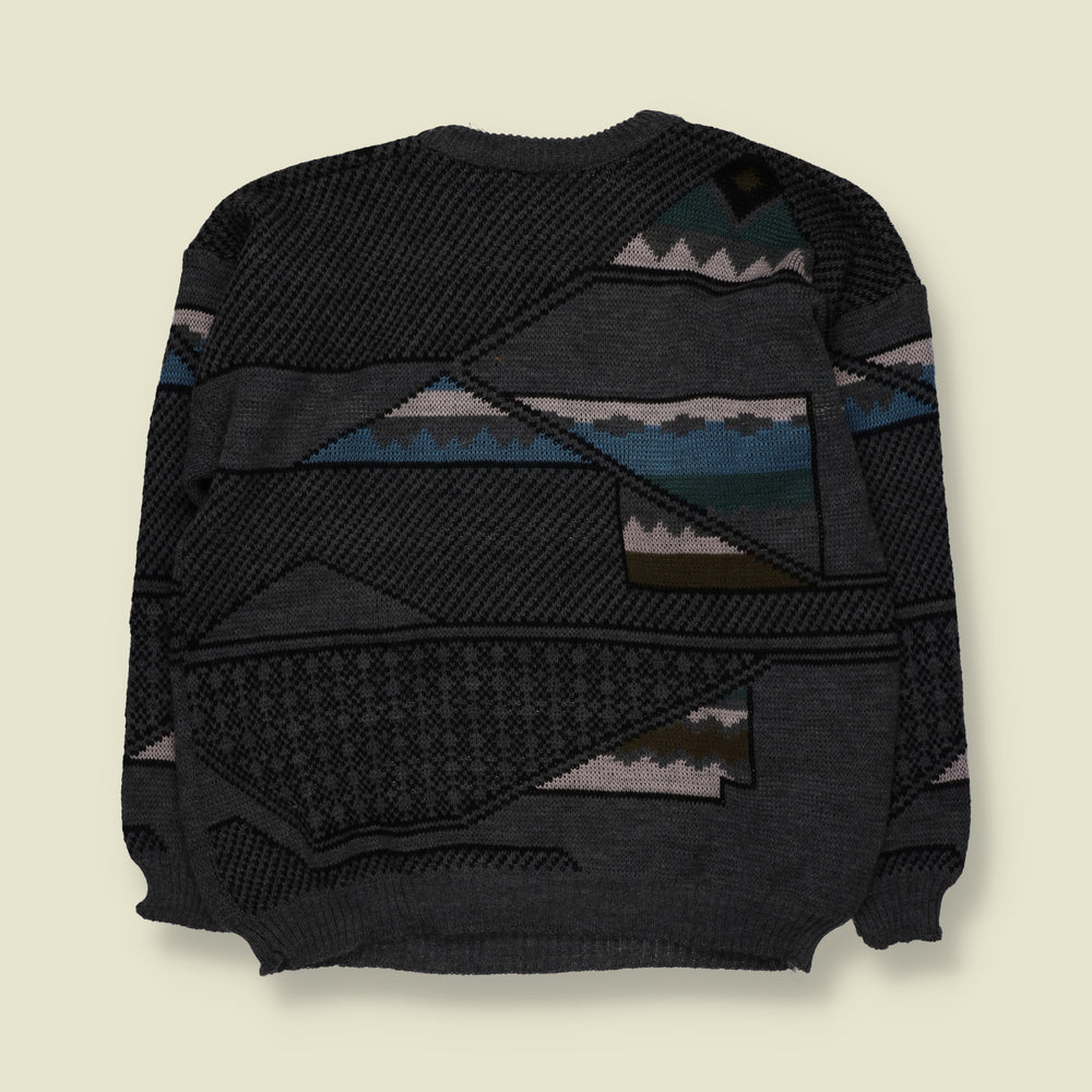 1980s | Abstract Geometric Pattern Crew Neck Jumper | Charcoal, Blue & Green - L