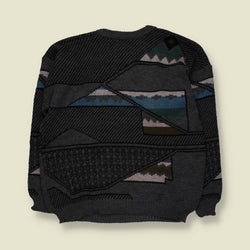1980s | Abstract Geometric Pattern Crew Neck Jumper | Charcoal, Blue & Green - L