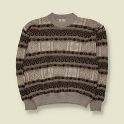 1980s | Textured Geometric Pattern Crew Neck Jumper | Cream, Beige & Brown - M