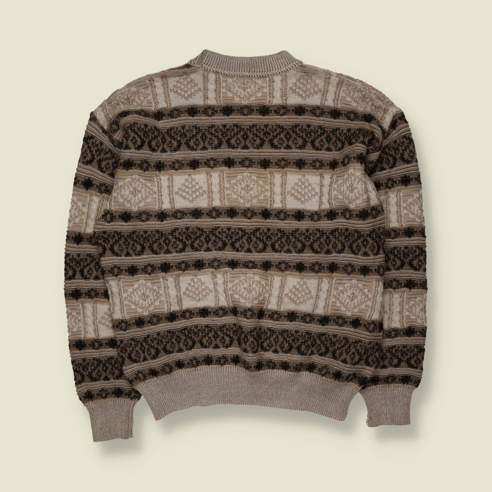 1980s | Textured Geometric Pattern Crew Neck Jumper | Cream, Beige & Brown - M