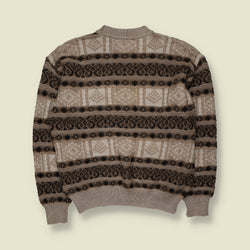 1980s | Textured Geometric Pattern Crew Neck Jumper | Cream, Beige & Brown - M