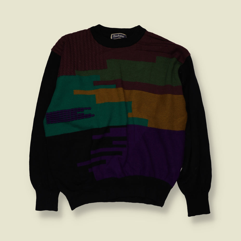 1980s | Bologne | Abstract Colour Block Crew Neck Jumper | Black, Purple, Green & Burgundy - M