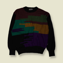 1980s | Bologne | Abstract Colour Block Crew Neck Jumper | Black, Purple, Green & Burgundy - M