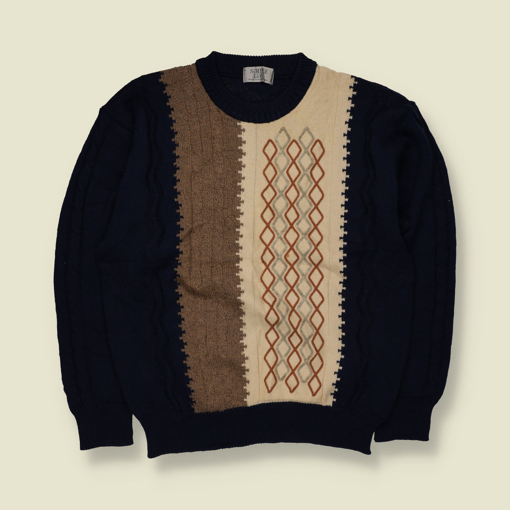 1980s | Simple Life | Geometric Diamond Pattern Crew Neck Jumper | Navy, Cream & Brown - M