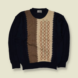 1980s | Simple Life | Geometric Diamond Pattern Crew Neck Jumper | Navy, Cream & Brown - M