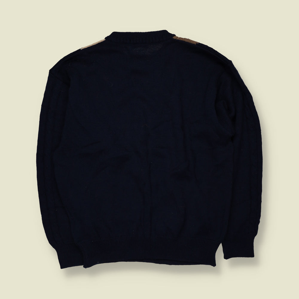 1980s | Simple Life | Geometric Diamond Pattern Crew Neck Jumper | Navy, Cream & Brown - M