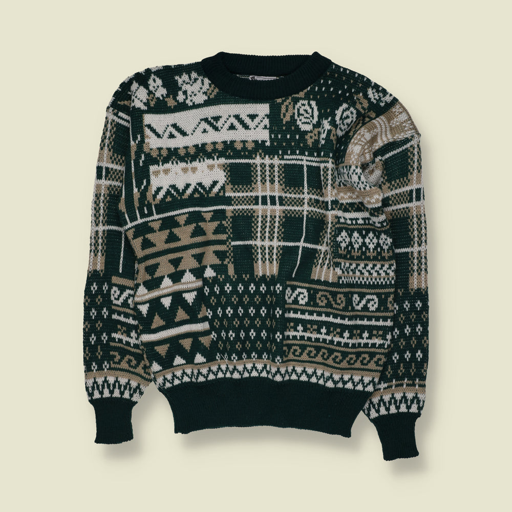 1980s | Rock Canyon | Abstract Geometric Pattern Crew Neck Jumper | Dark Green, Cream & Beige - L