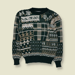 1980s | Rock Canyon | Abstract Geometric Pattern Crew Neck Jumper | Dark Green, Cream & Beige - L