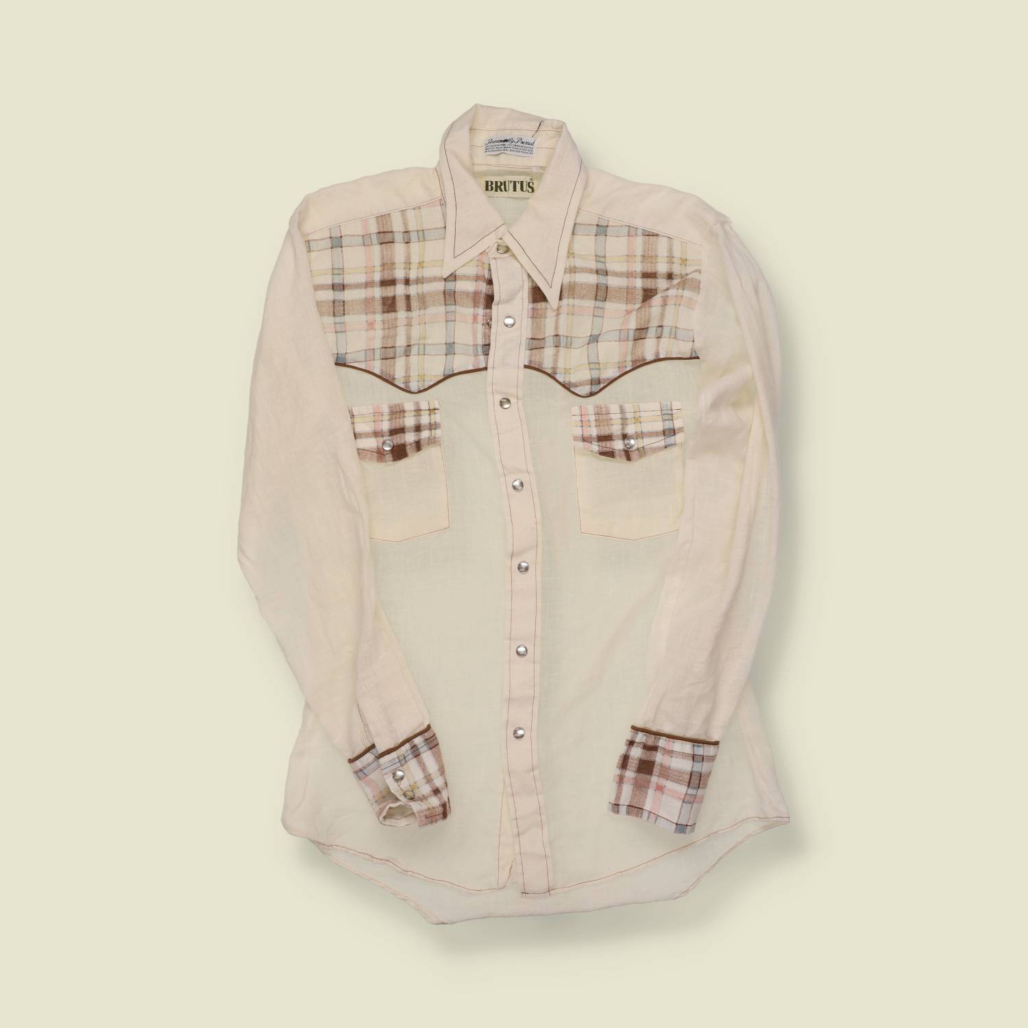 1970s Brutus Western Shirt – Cream with Plaid Yoke - S