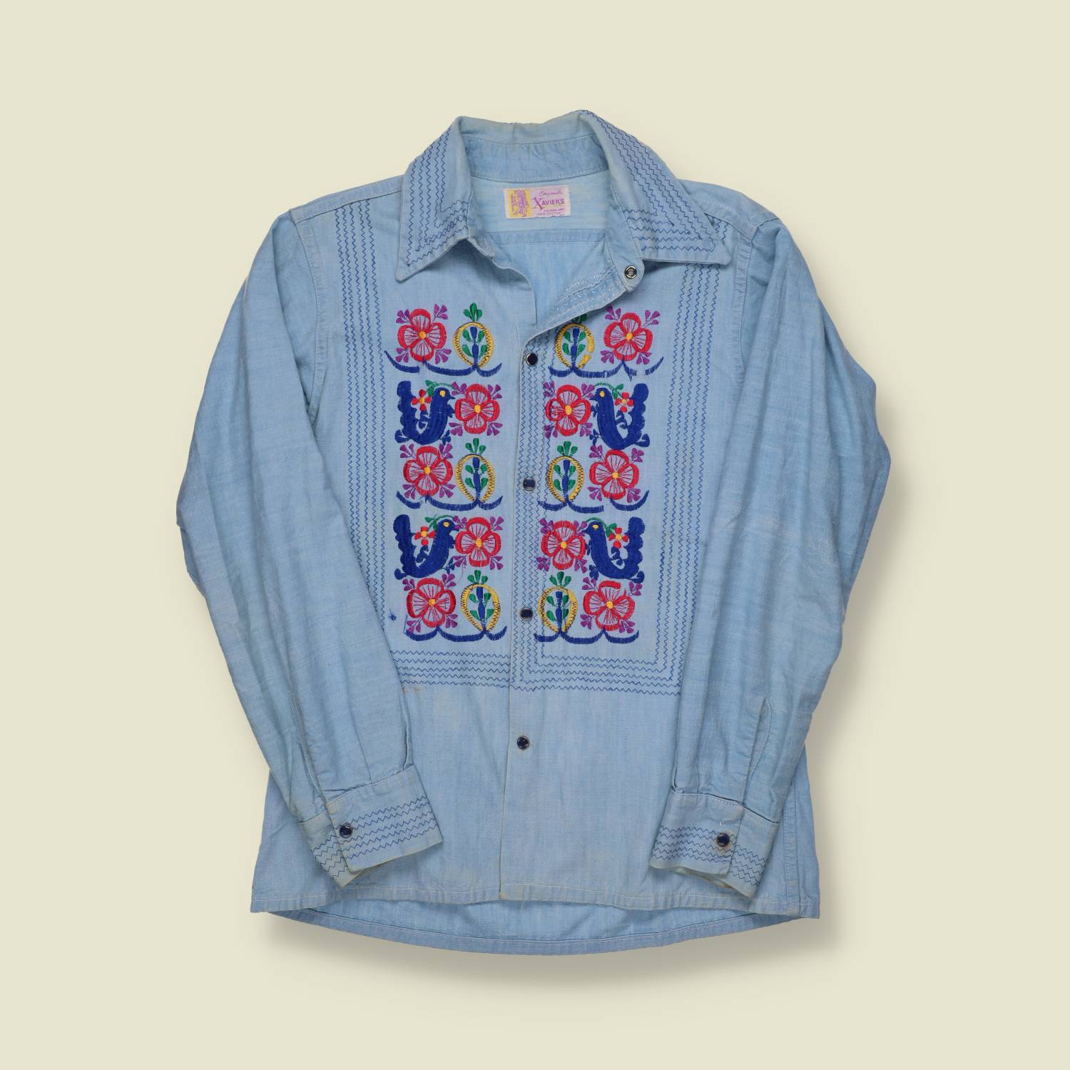 1970s Xavier’s Folk Art Embroidered Denim Shirt – Birds & Flowers - S