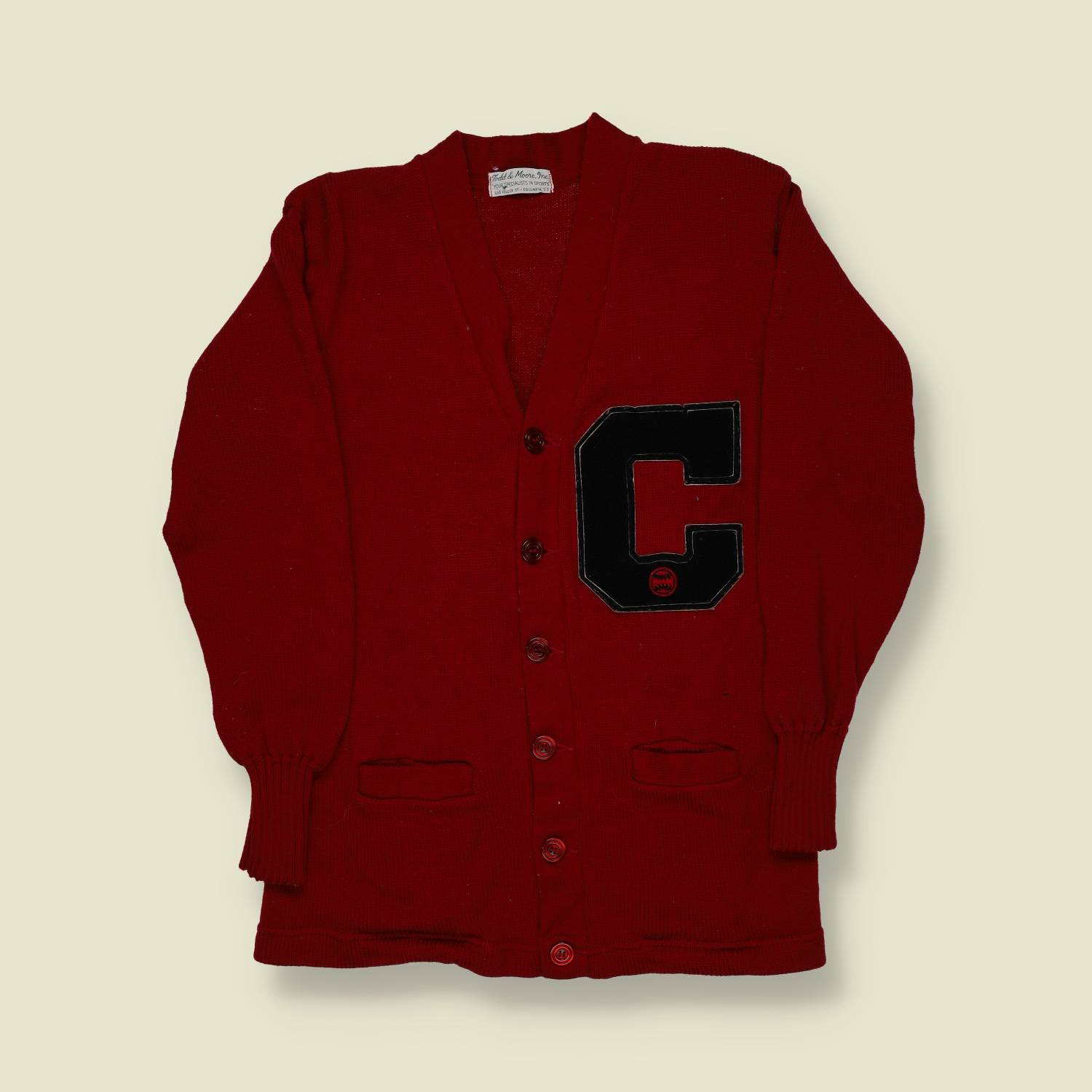 1950s Todd & Moore Varsity Cardigan – Red Wool with Black “C” Patch - S