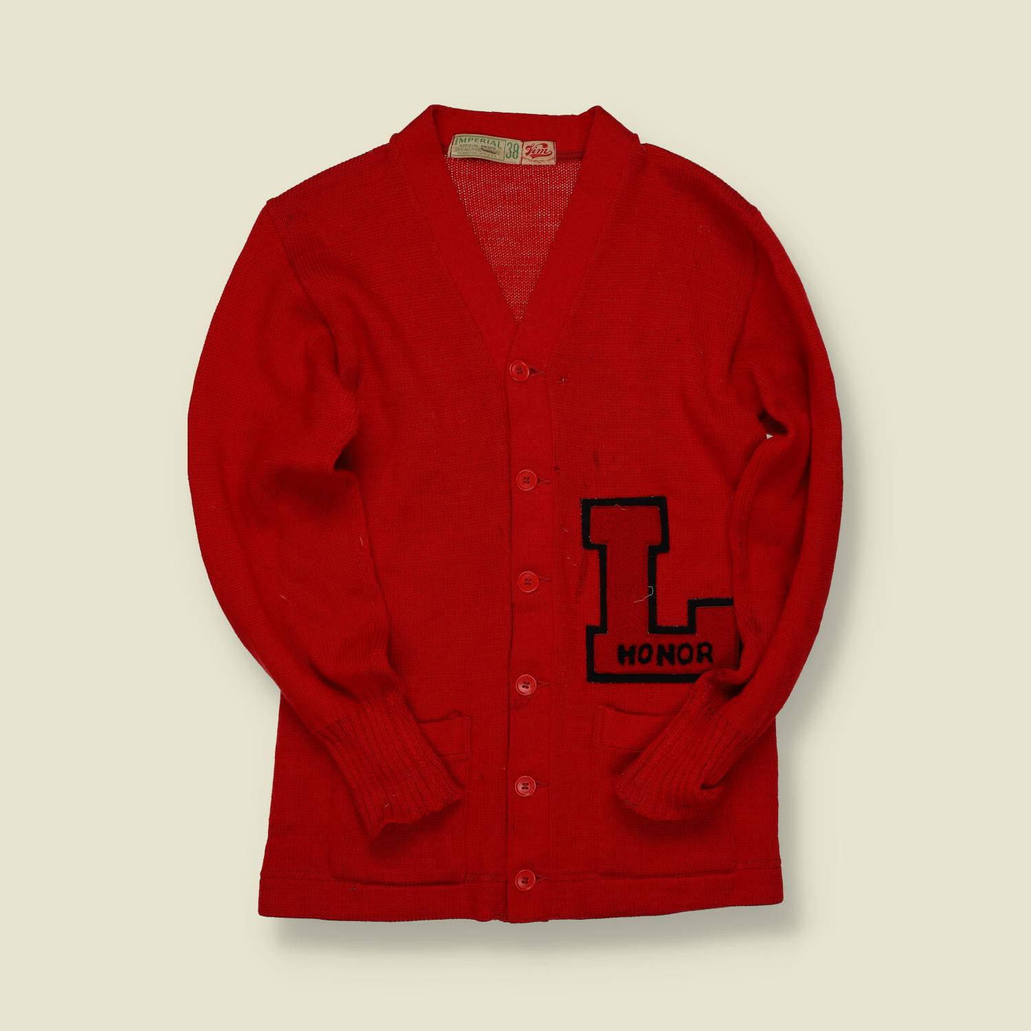 1950s Imperial “Honor” Varsity Cardigan – Red Wool with Black “L” Patch - S