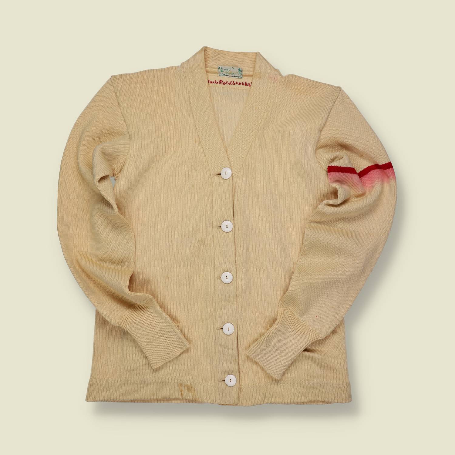 1940s Pixie Varsity Cardigan – Cream Wool with Red Arm Stripe & Football Buttons - S