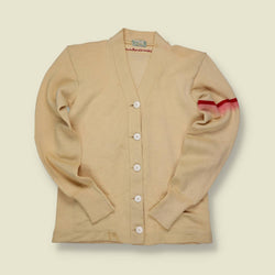 1940s Pixie Varsity Cardigan – Cream Wool with Red Arm Stripe & Football Buttons - S