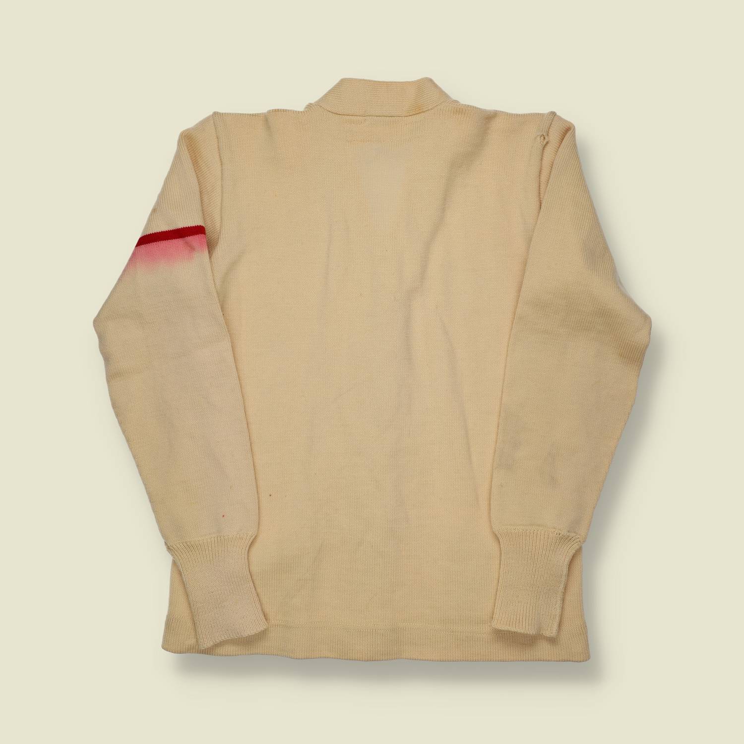 1940s Pixie Varsity Cardigan – Cream Wool with Red Arm Stripe & Football Buttons - S