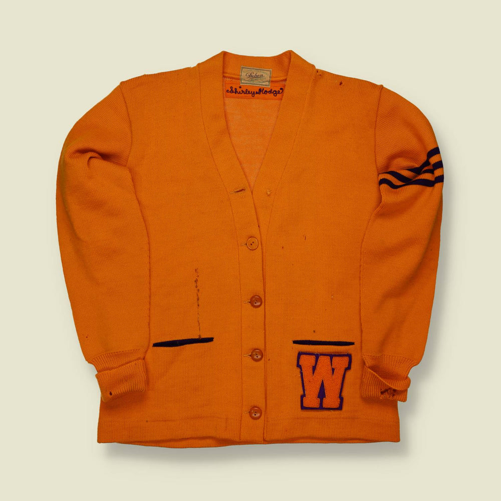 1950s Dehen Varsity Cardigan – Orange Wool with Navy “W” Patch & Striped Arm