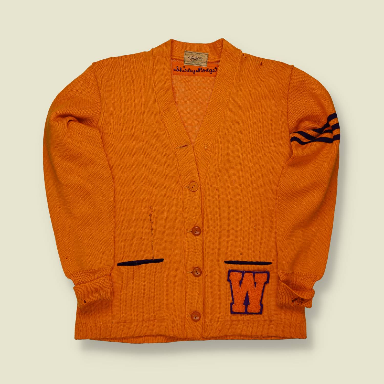 1950s Dehen Varsity Cardigan – Orange Wool with Navy “W” Patch & Striped Arm