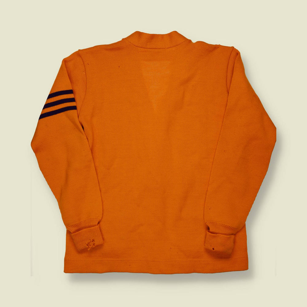 1950s Dehen Varsity Cardigan – Orange Wool with Navy “W” Patch & Striped Arm
