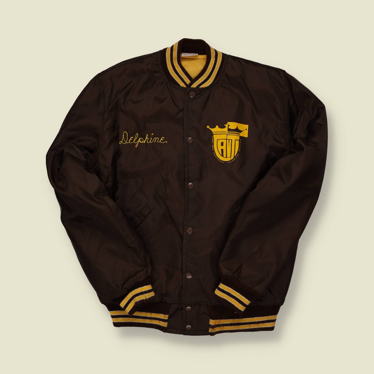 1980s Varsity Bomber – Brown/Yellow “Delphine” Crest Jacket - S/M