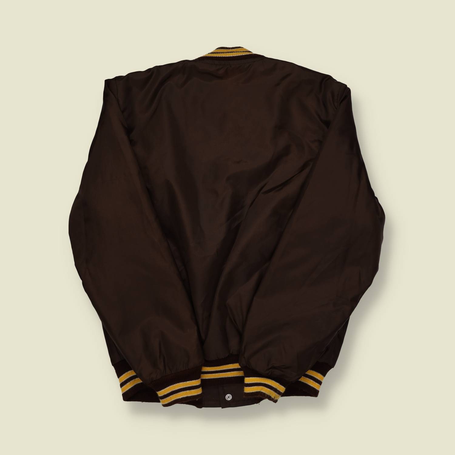 1980s Varsity Bomber – Brown/Yellow “Delphine” Crest Jacket - S/M