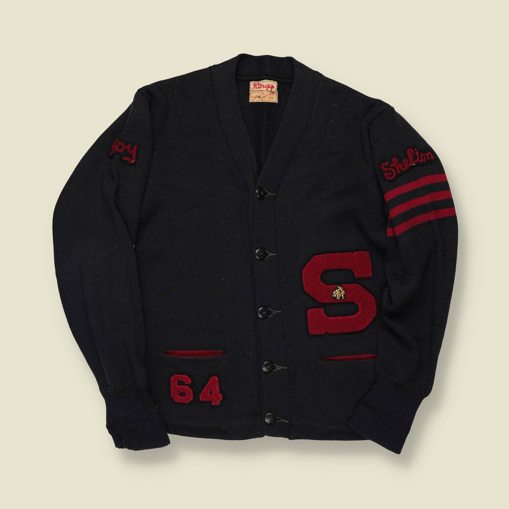 1964 Lasley Knitting Co. Varsity Cardigan – Black with Red “S” - XS/S