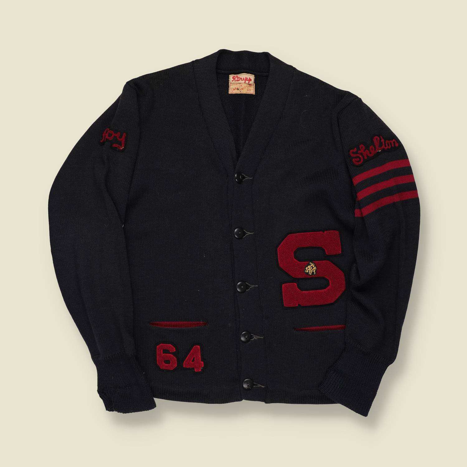1964 Lasley Knitting Co. Varsity Cardigan – Black with Red “S” - XS/S