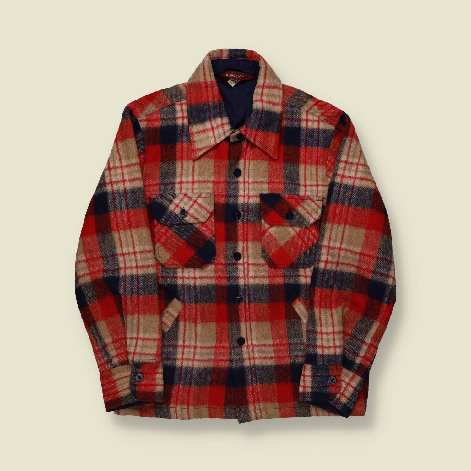 1970s Kingsport Wool Plaid Jacket – Red/Navy/Tan Check - S