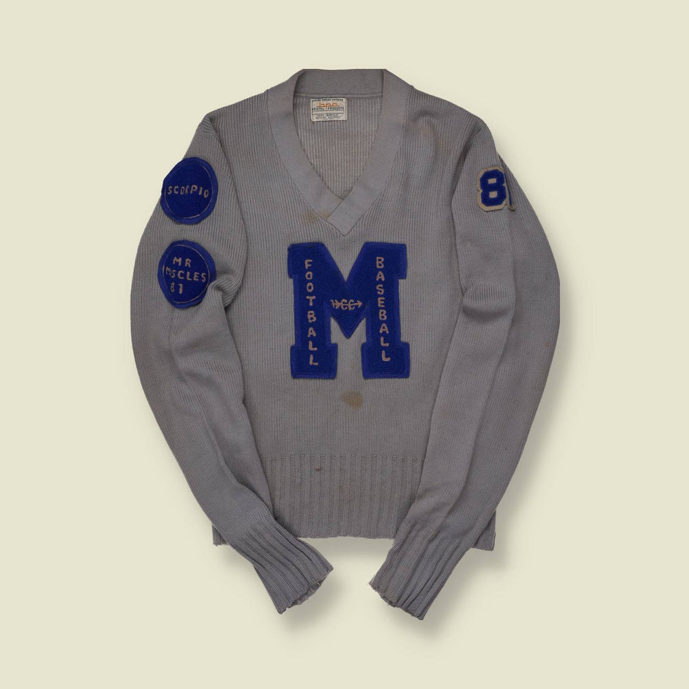 1981 Bristol Products Varsity Sweater – Grey with Blue Patches & Felt Lettering Back - S/M