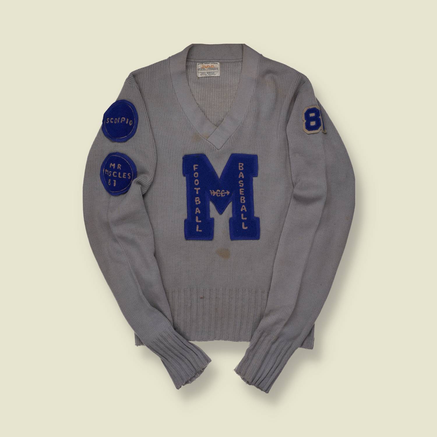 1981 Bristol Products Varsity Sweater – Grey with Blue Patches & Felt Lettering Back - S/M