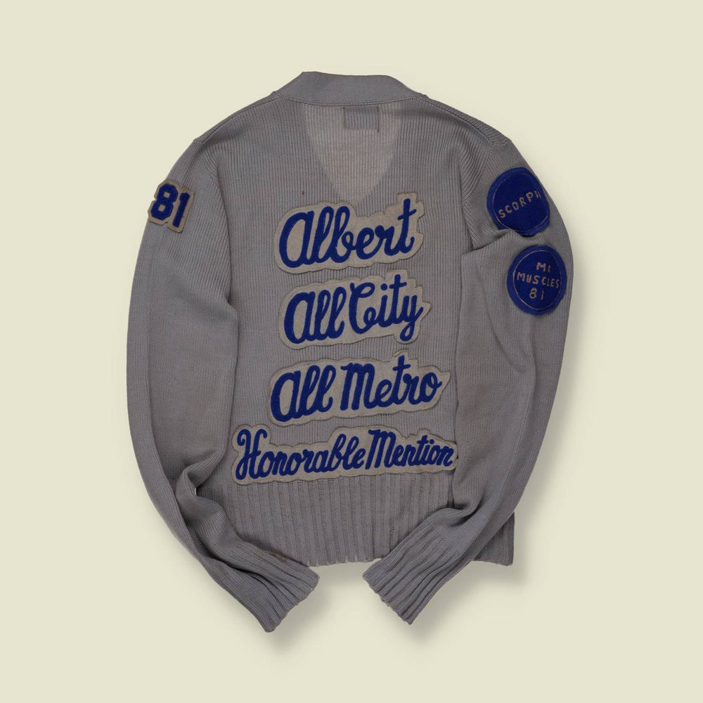 1981 Bristol Products Varsity Sweater – Grey with Blue Patches & Felt Lettering Back - S/M