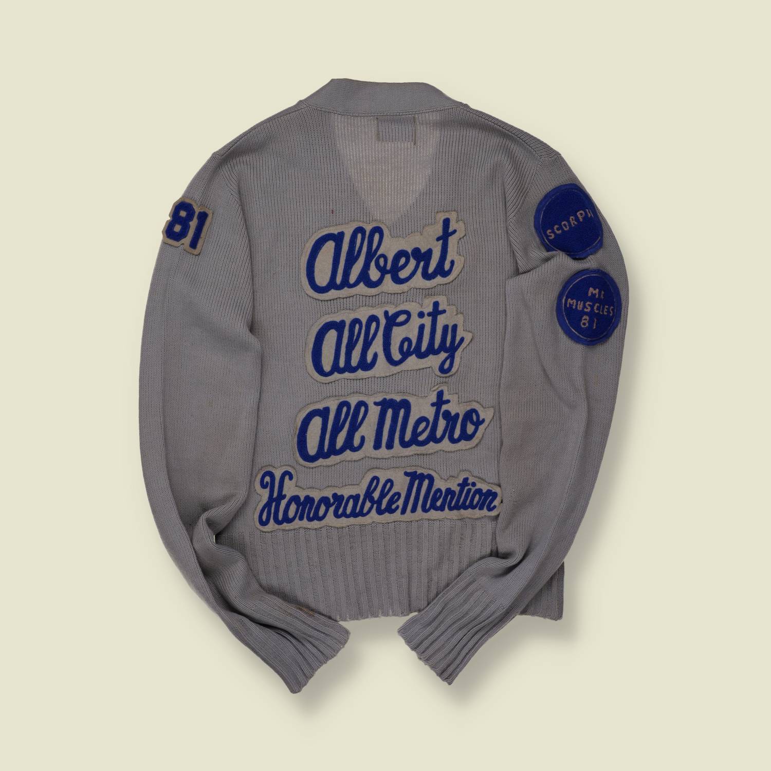 1981 Bristol Products Varsity Sweater – Grey with Blue Patches & Felt Lettering Back - S/M