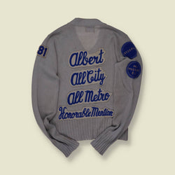 1981 Bristol Products Varsity Sweater – Grey with Blue Patches & Felt Lettering Back - S/M