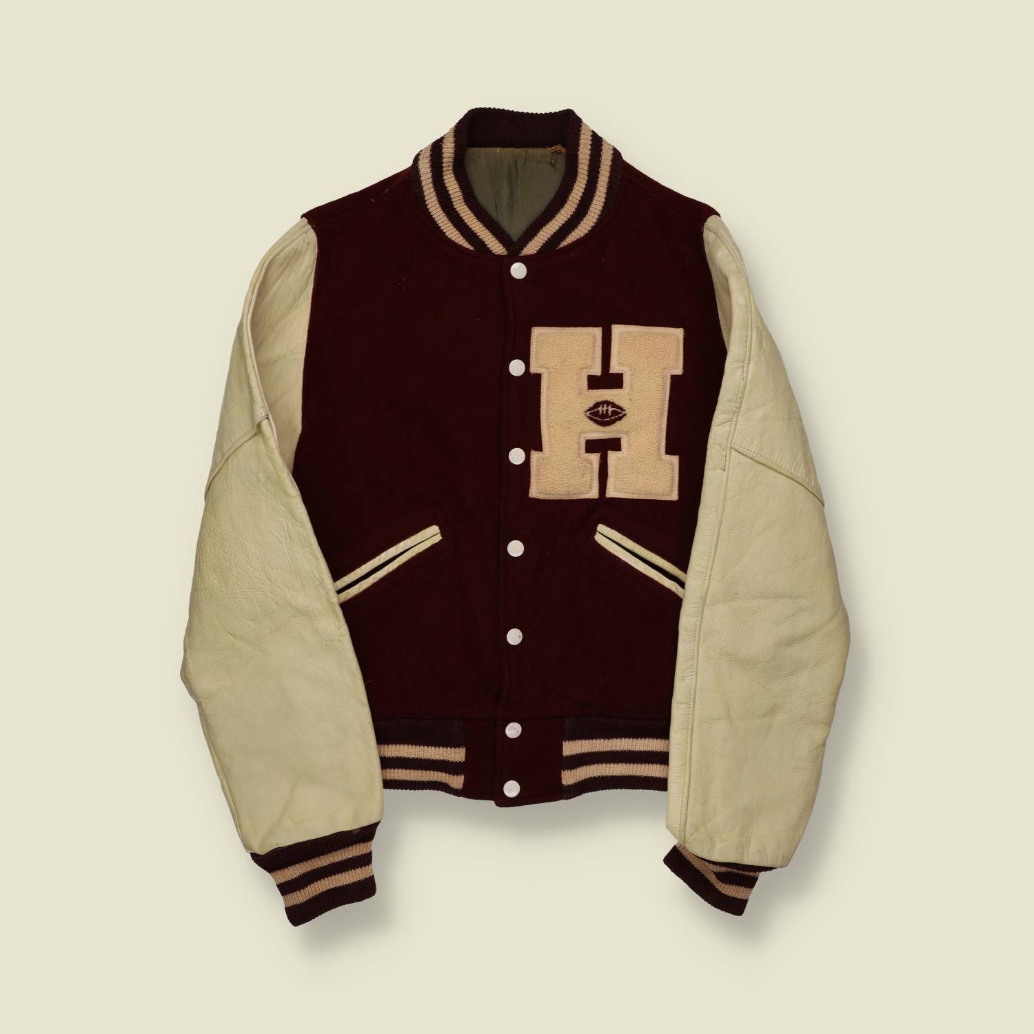 1950s Wool & Leather Varsity Jacket – H Patch with Football Motif - S