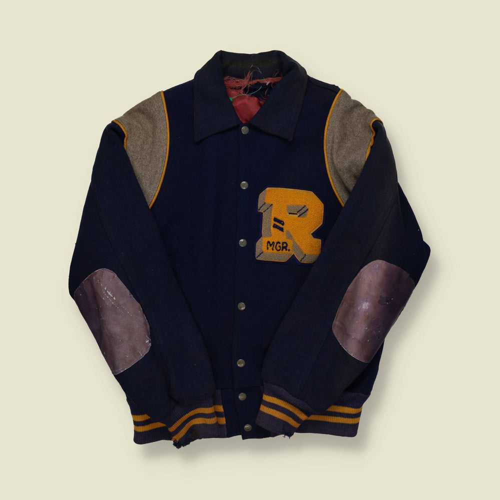 1940s–50s Wool Varsity Jacket – R Patch “Mgr.” with Leather Elbow Patches - M/L