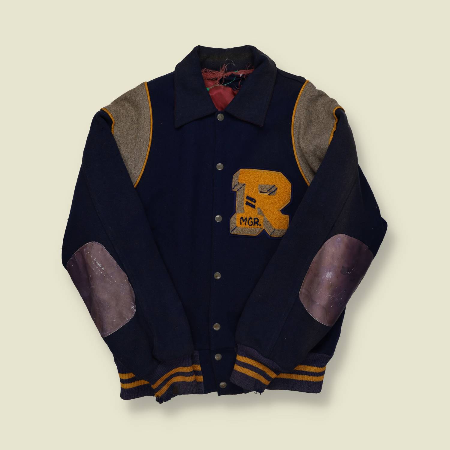 1940s–50s Wool Varsity Jacket – R Patch “Mgr.” with Leather Elbow Patches - M/L