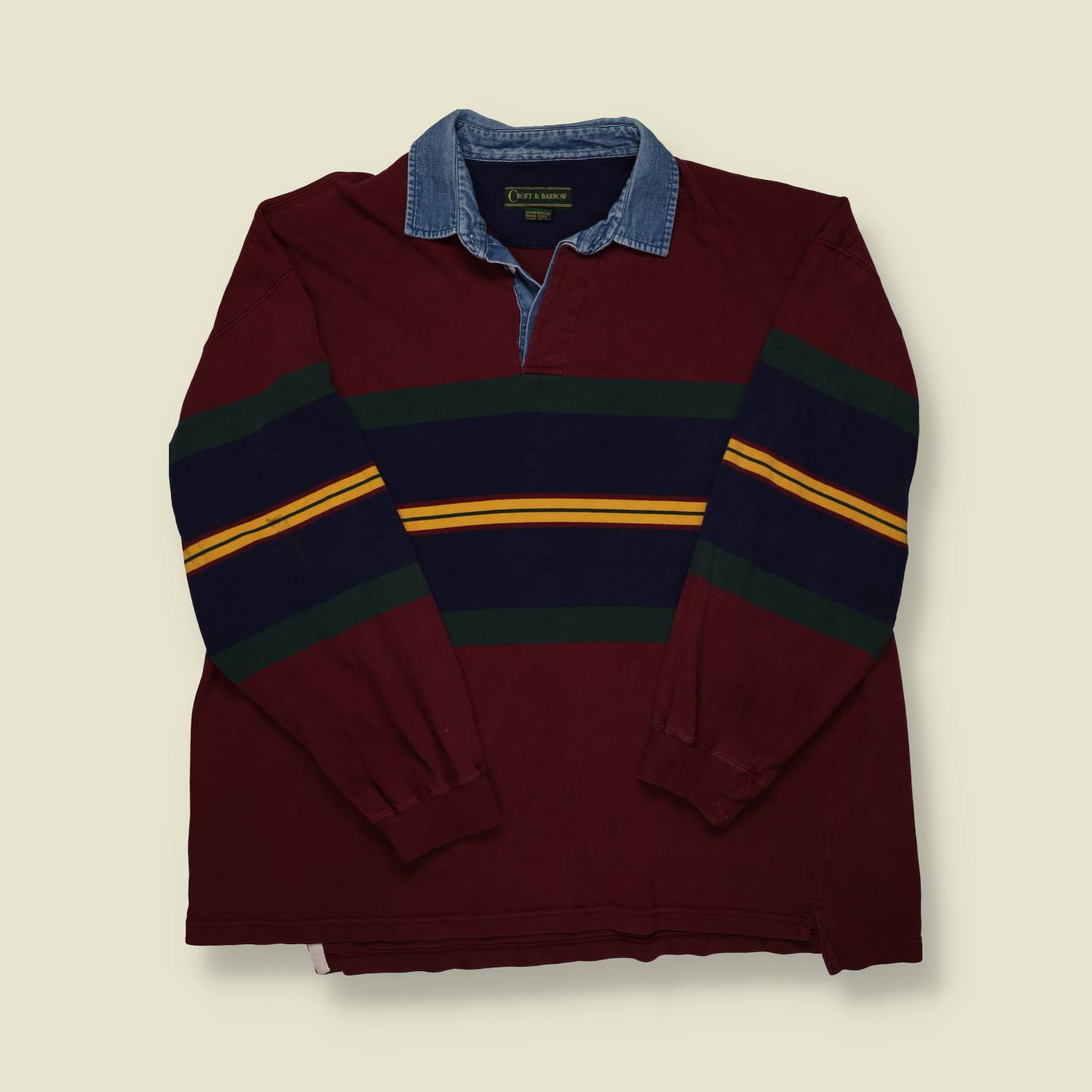 1990s Croft & Barrow Rugby Shirt – Burgundy with Stripe Panel - L/XL