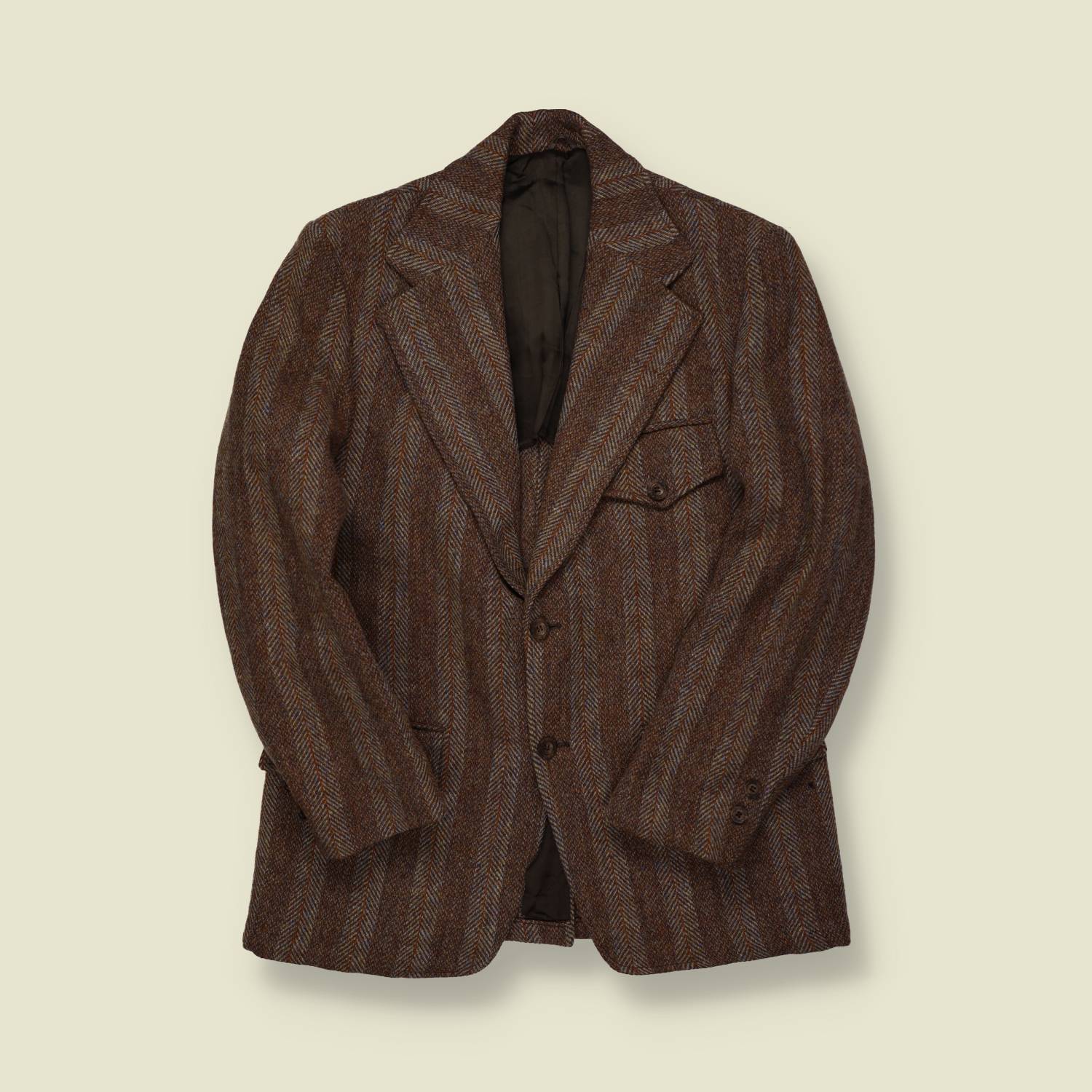 1970s Sears Harris Tweed Safari Jacket – Brown Herringbone Stripe - S/M