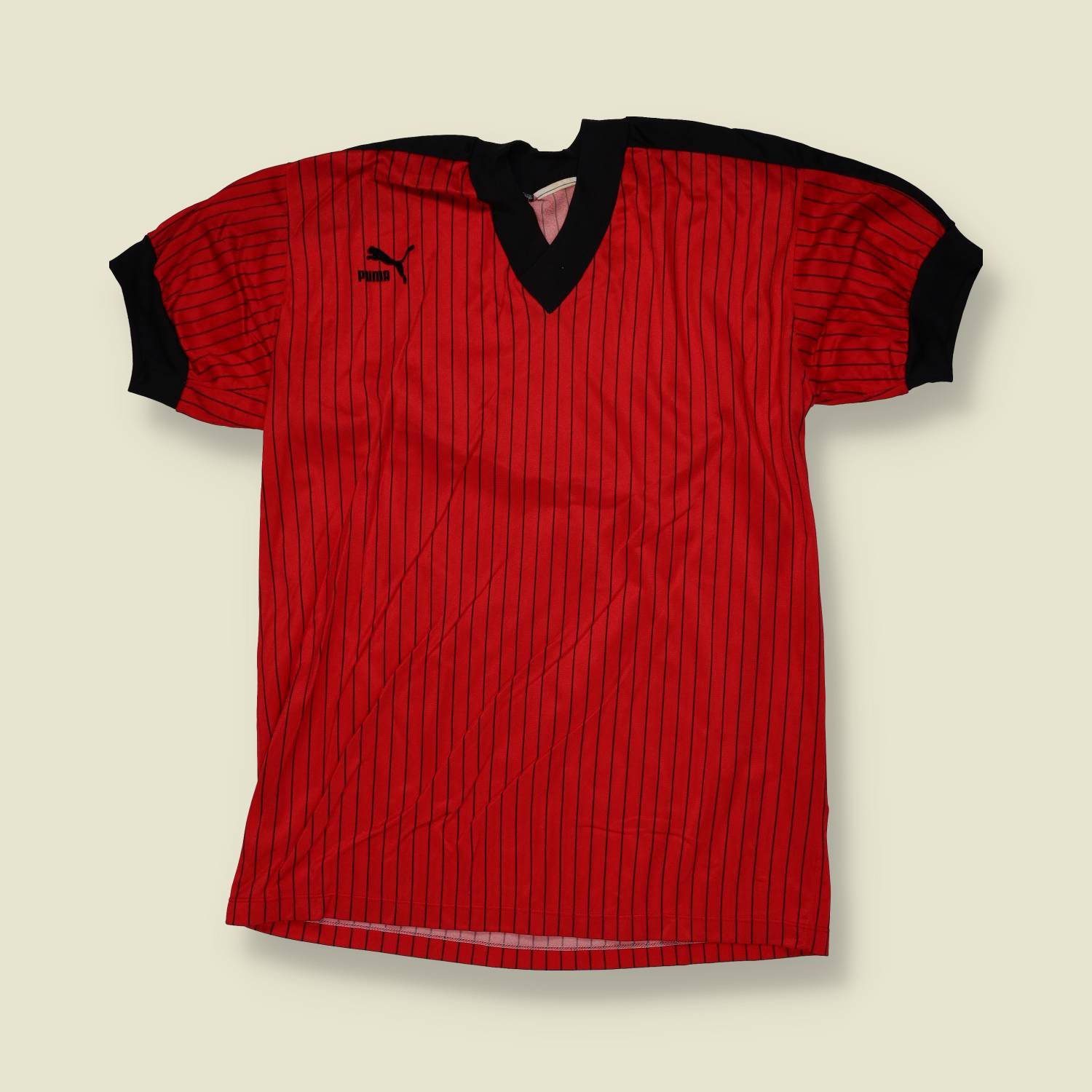 1980s | Puma | Red & Black Pinstripe Football Shirt - XS/S