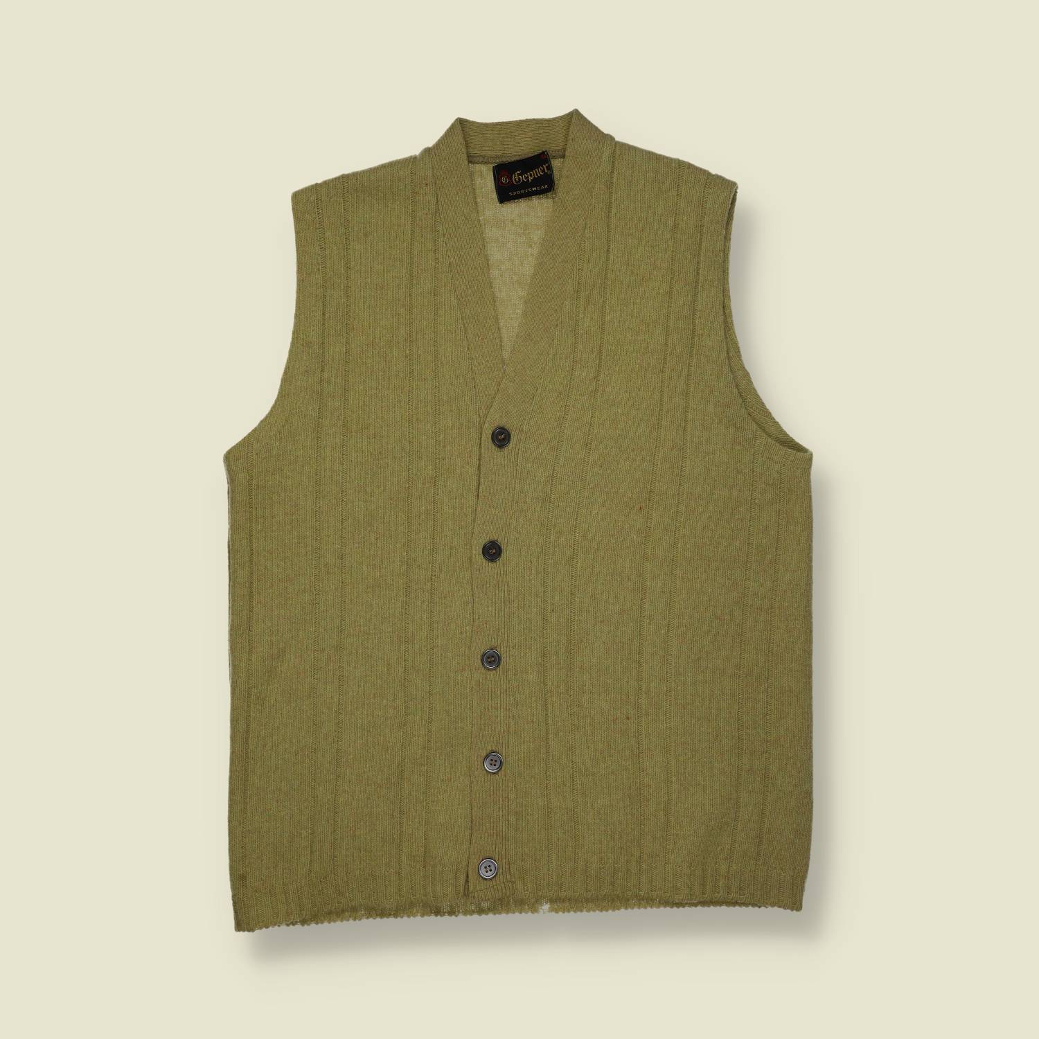 1970s | Cepner | Olive Wool Button Vest – Ribbed Knit - M