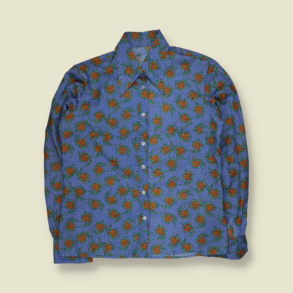 1970s | Floral Patterned Blouse | Blue - 16